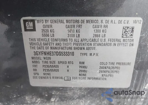 2013 Cadillac Srx Performance Collection из США, поврежденный, VIN 3GYFNHE37DS533310